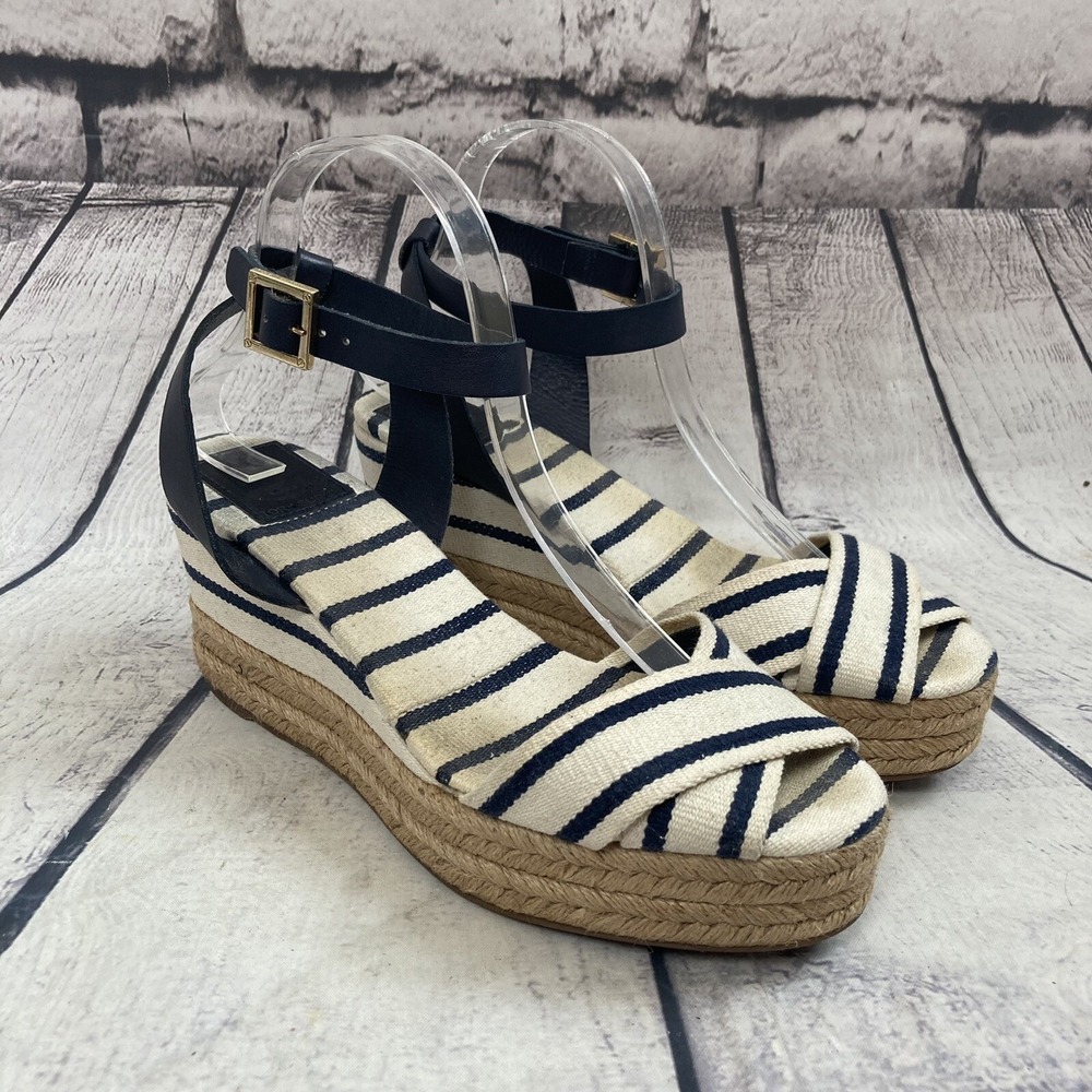 Tory Burch Sandal Women sz 10B Leather Striped Espadrille Blue Ivory Ankle Strap